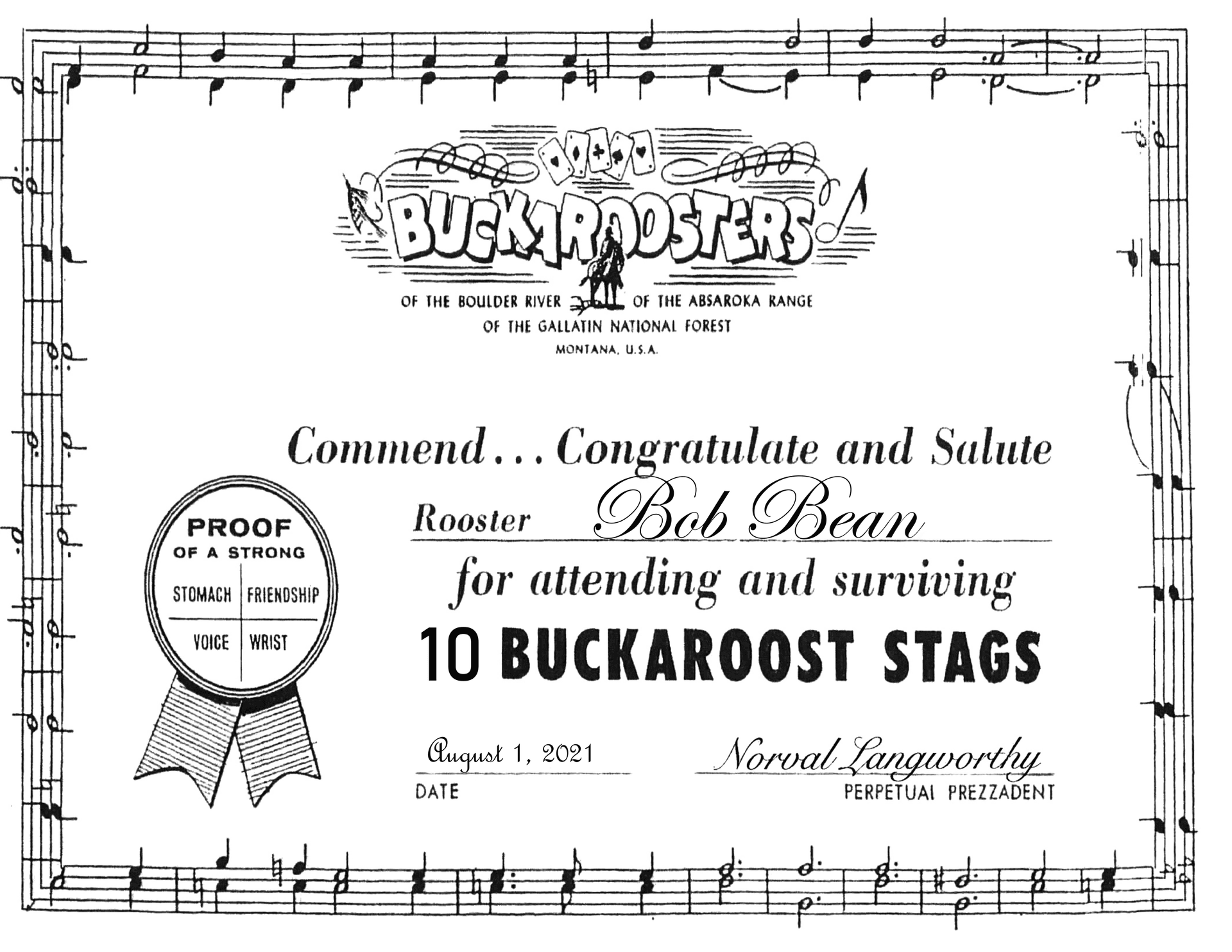 Pine Tree Award certificate — Bob Bean, 10 Stags, 2021